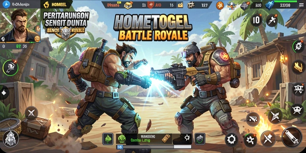 Tampilan gameplay HOMETOGEL dengan pertarungan epik dalam arena Battle Royale.