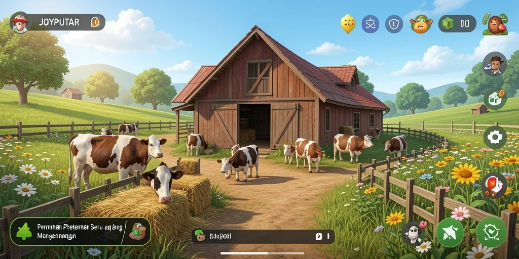 Screenshot utama dari JOYPUTAR menunjukkan gameplay bertani yang seru.
