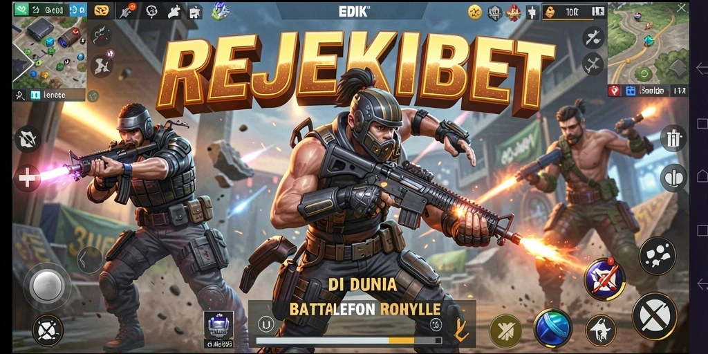 Tampilan pertempuran mendebarkan dalam REJEKIBET di arena Battle Royale.