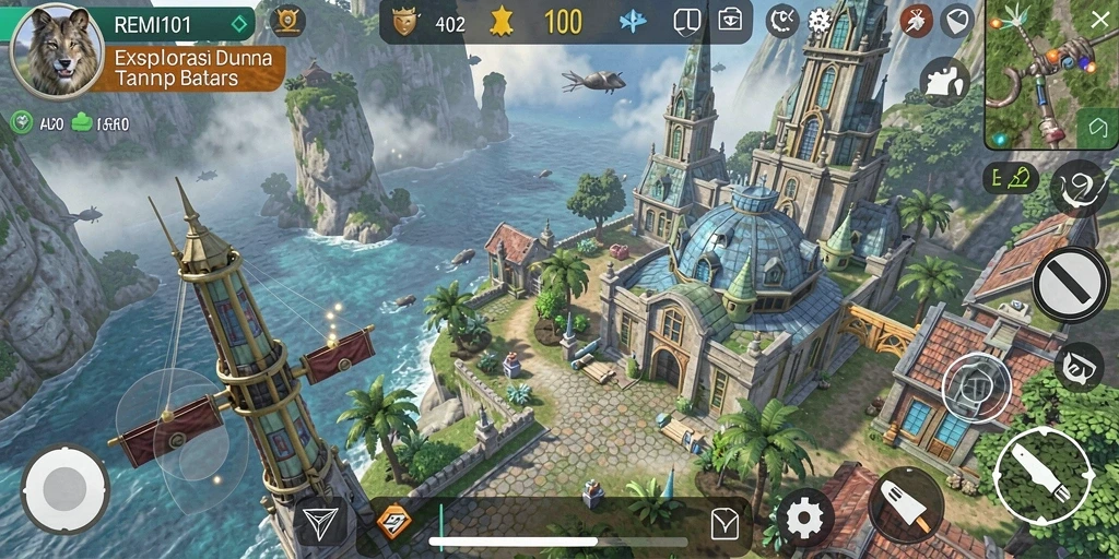 Tampilan gameplay REMI101 dalam eksplorasi dunia Open World.