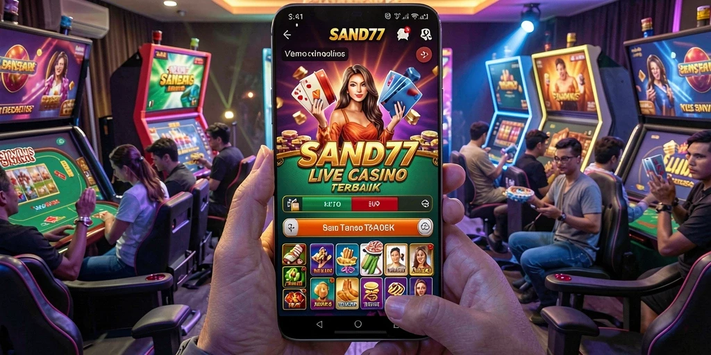 Screenshot utama SAND77 menunjukkan dealer langsung yang ramah dan permainan menarik.